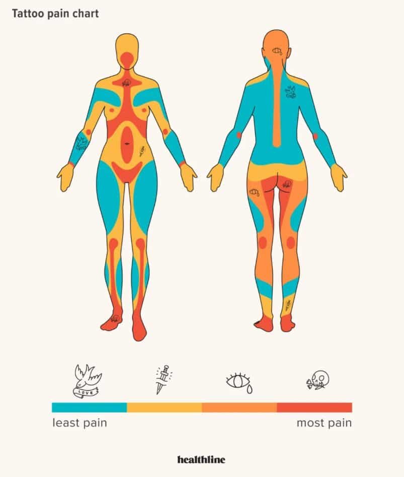 Náčrt těla s mapou těch nejbolestivějších míst k tetování.