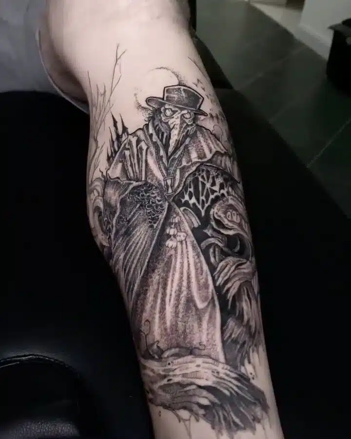 Tetování maska, morový doktor na holeni