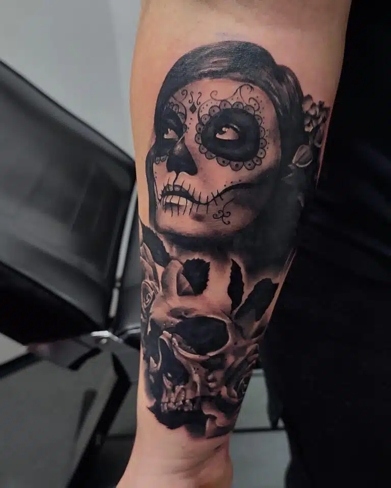 Tetování smrt, portrét muerte, lebka na předloktí