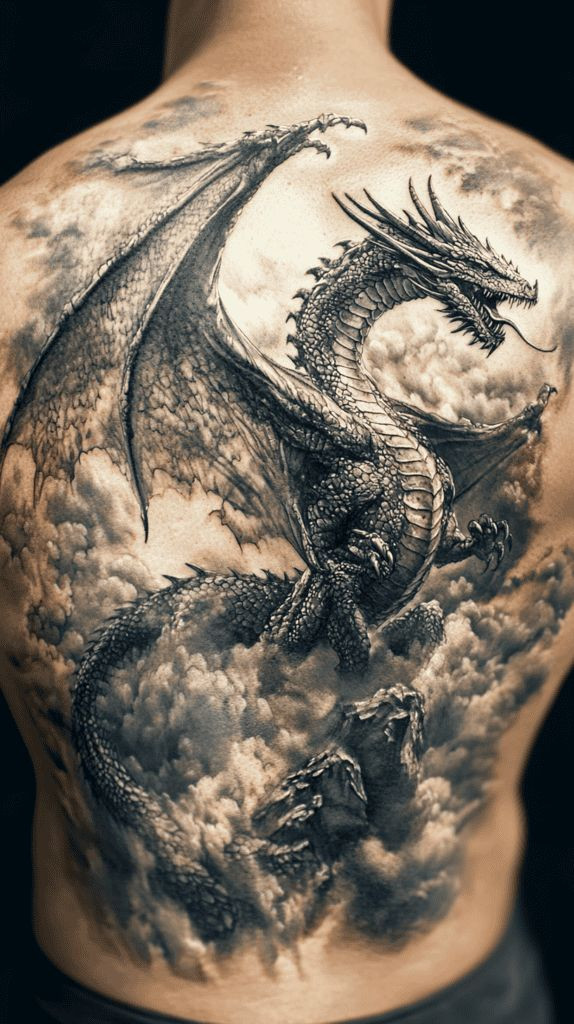 realistické tetování draka na zádech.