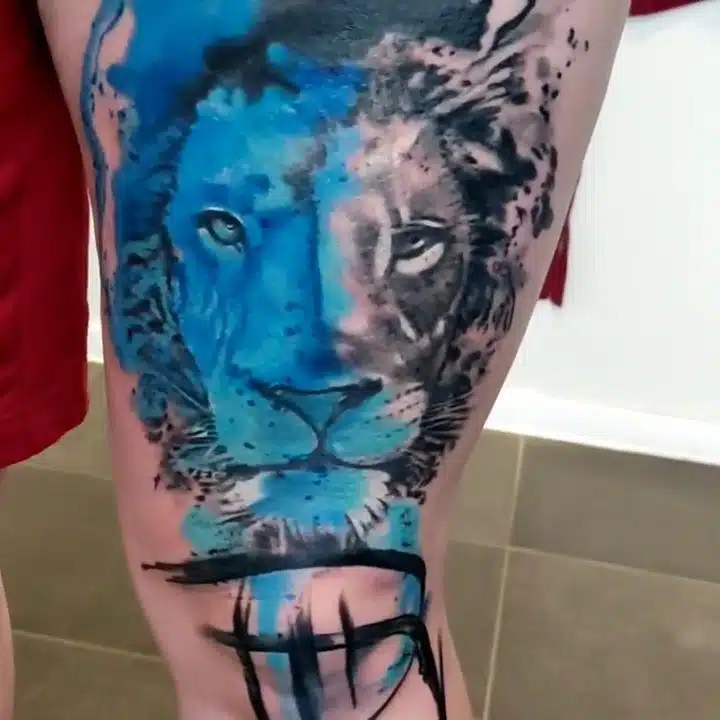 Tetování portrét, zvíře lev na stehno