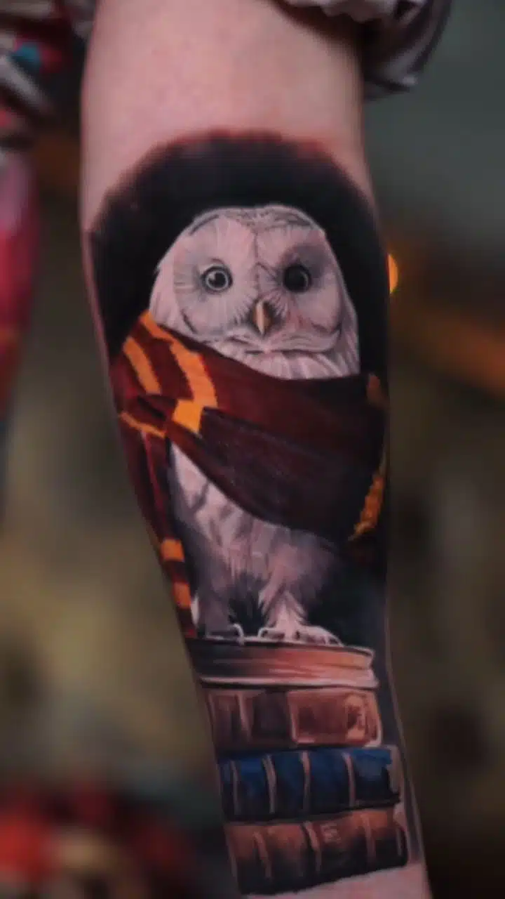 Tetování z filmů a pohádek Harry Potter, zvíře sova na předloktí
