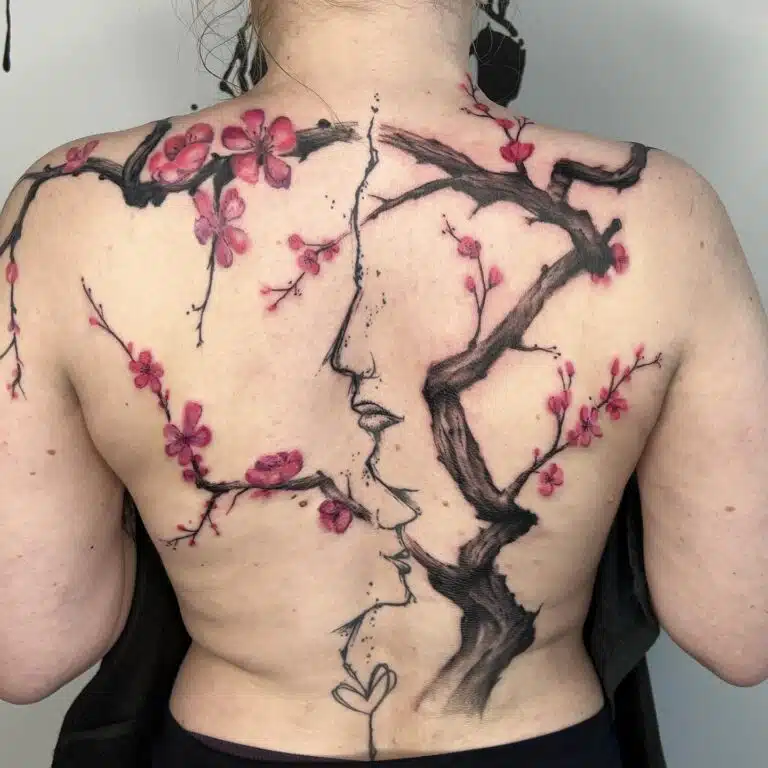 Tetování strom, květina, sakura na záda