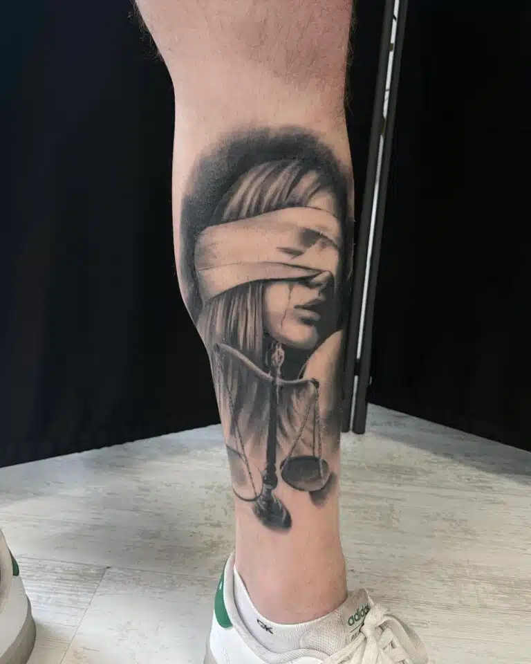 Tetování žena a znamení zvěrokruhu váhy na lýtku
