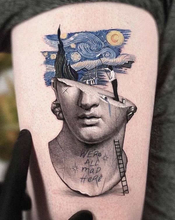 Vincent Van Gogh obrázek v kombinaci se sochou.