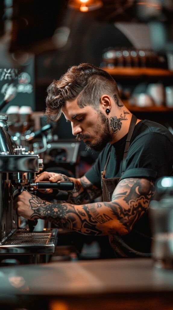Potetovaný barista.