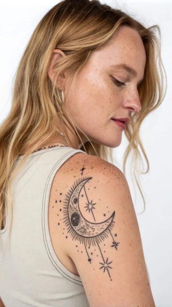 Tetování půlměsíce a hvězd na rameni.