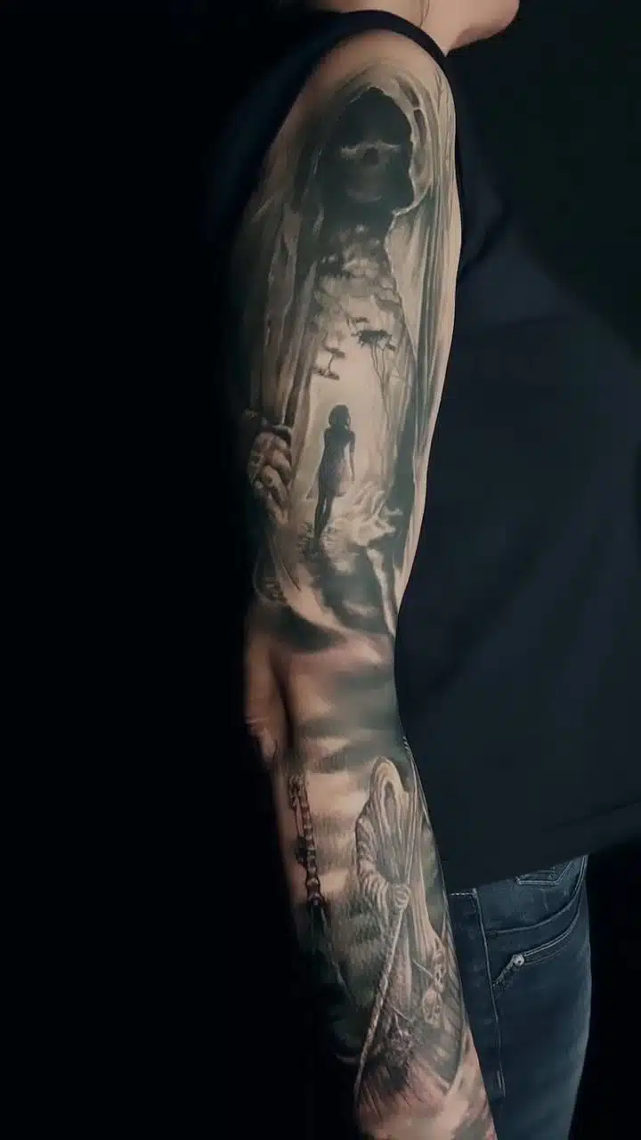 Tetování příhoda, hory les, žena na ruku