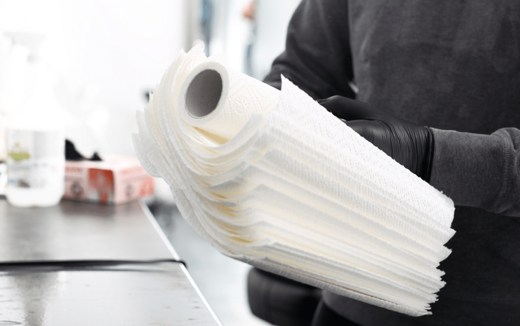 Papírové utěrky v tetovacím studiu.