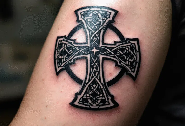 Tetování keltský kříž s kruhem, symbol života na předloktí