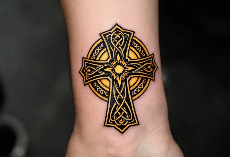 Tetování keltský kříž s kruhem, znak a symbol života na předloktí
