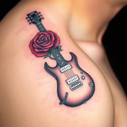 Tetování květina růže , kytara, hudba metal na rameno