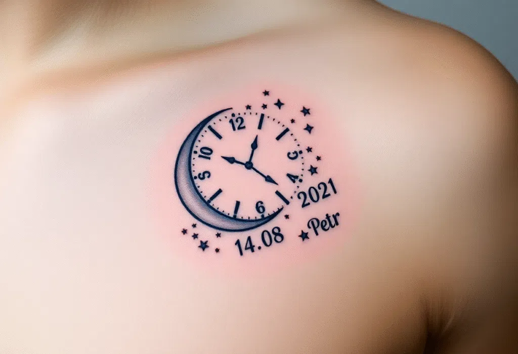 Tetování nápis, jméno, datum, narození dítěte a hodiny