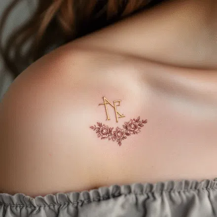 Tetování runa lásky a růže pod klíční kostí