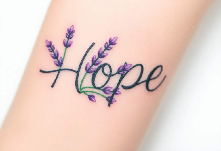 Tetování nápis Hope, symbol naděje a květiny, levandule na předloktí