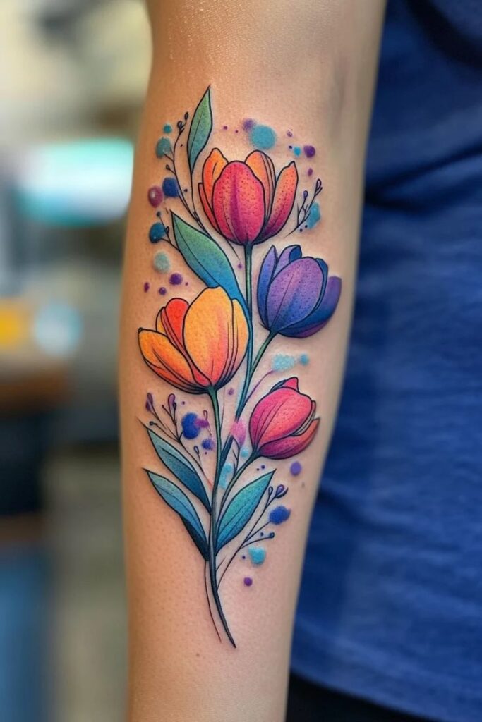 Tetování barevných tulipánů.