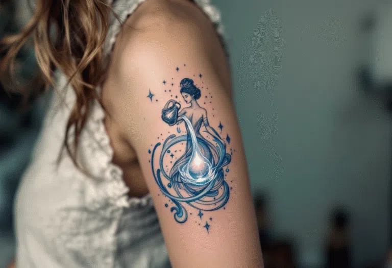 Tetování žena, znamení zvěrokruhu vodnář a ornamenty na rameno