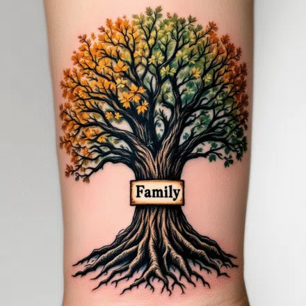 Tetování nápis family, strom rodiny na předloktí