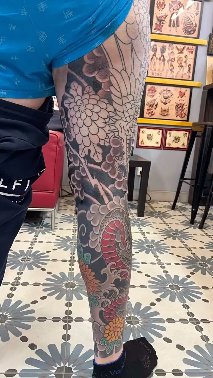 Tetování zvíře, had, květiny na noze