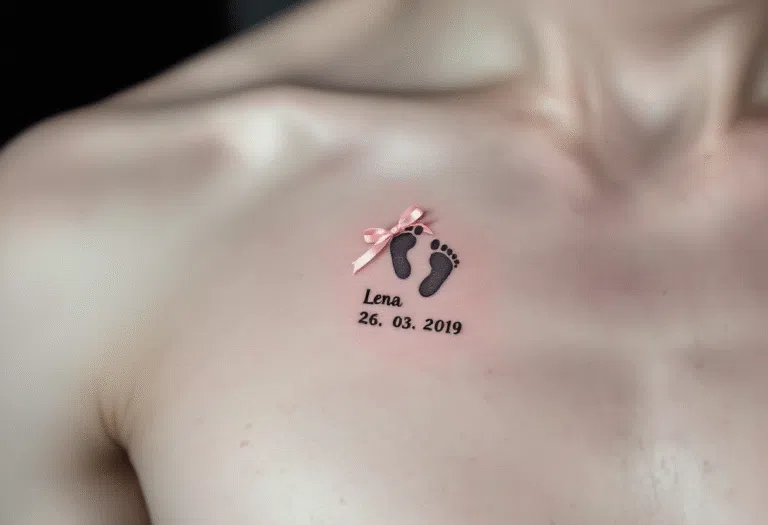 Tetování jméno dcery, dětské nožičky, datum narození pod klíční kost