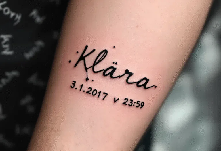 Tetování narození dítěte s časem a jménem Klára na předloktí