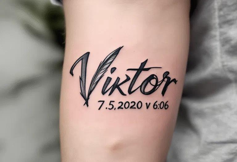 Tetování jméno Viktor s datumem a narození dítěte na předloktí