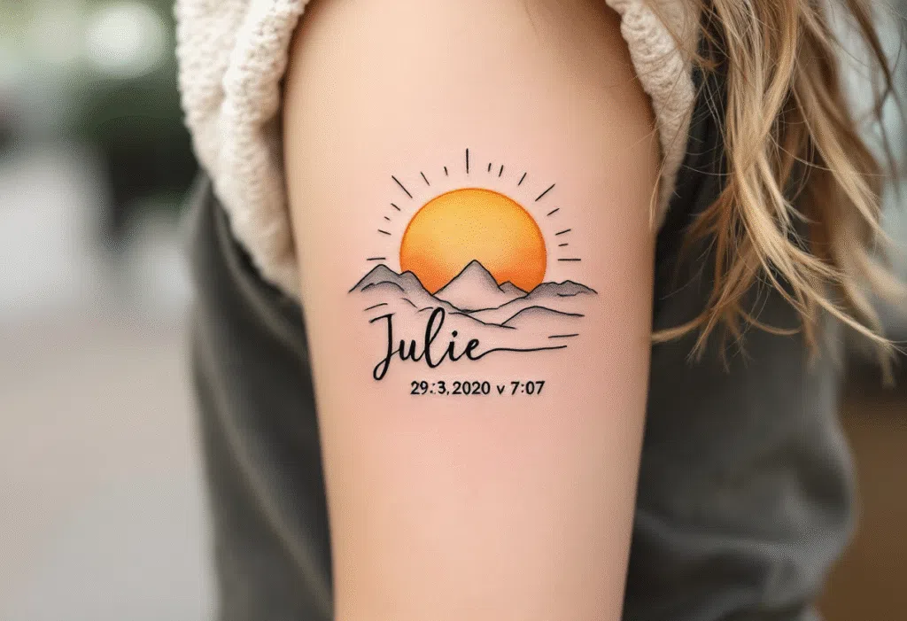 Tetování jméno Julie s datumem a časem narození s východem slunce na rameno