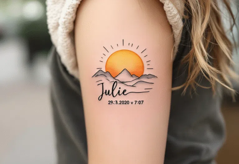 Tetování jméno Julie s datumem a časem narození s východem slunce na rameno