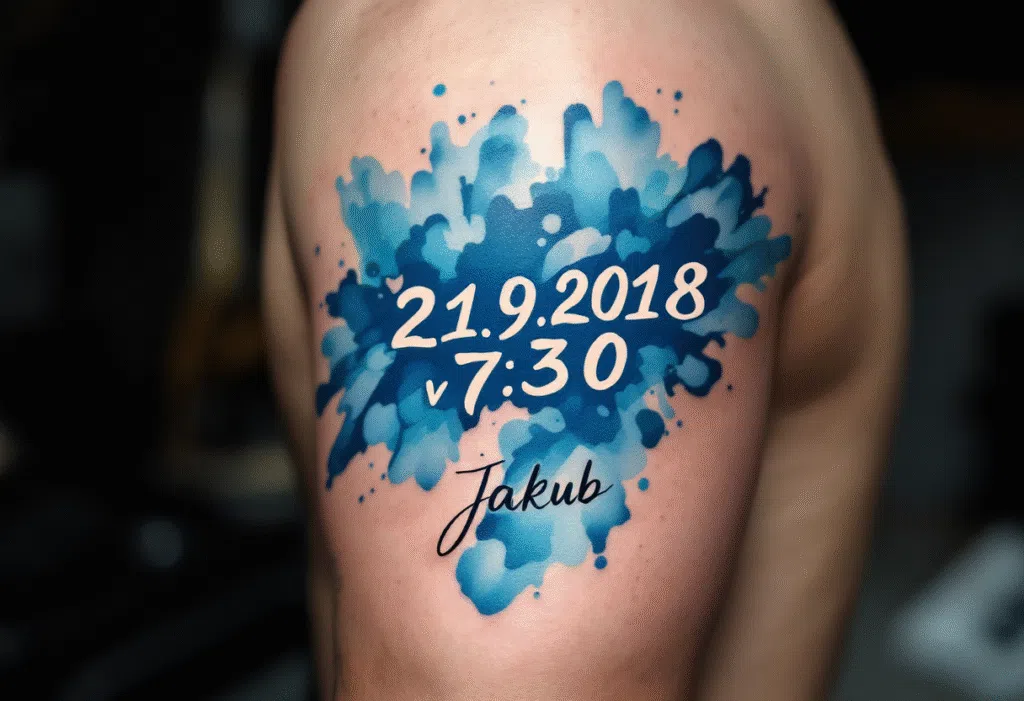 Tetování nápis jméno Jakub, hodiny a narození dítěte na rameno