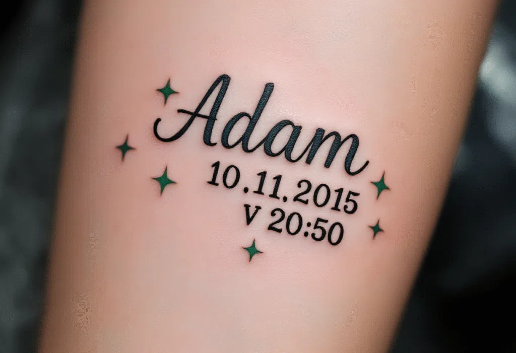 Tetování jméno dítěte Adam, datum a čas narození na rameno