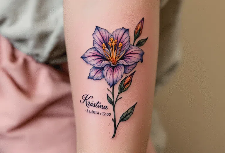 Tetování narození dítěte s časem, květina, jméno Kristinana rameno