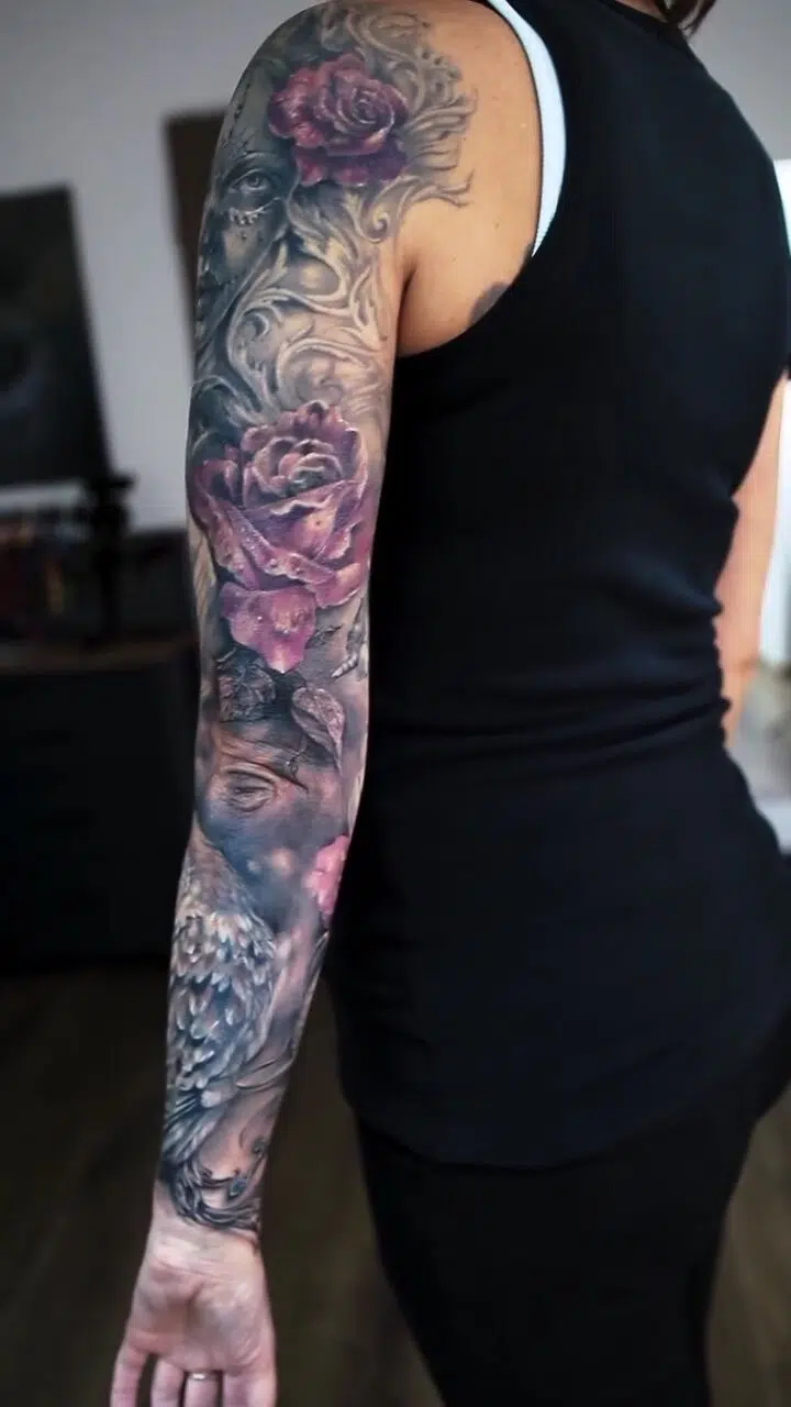 Tetování portrét ženy muerte, ruce, růže, pták, sova, rukáv