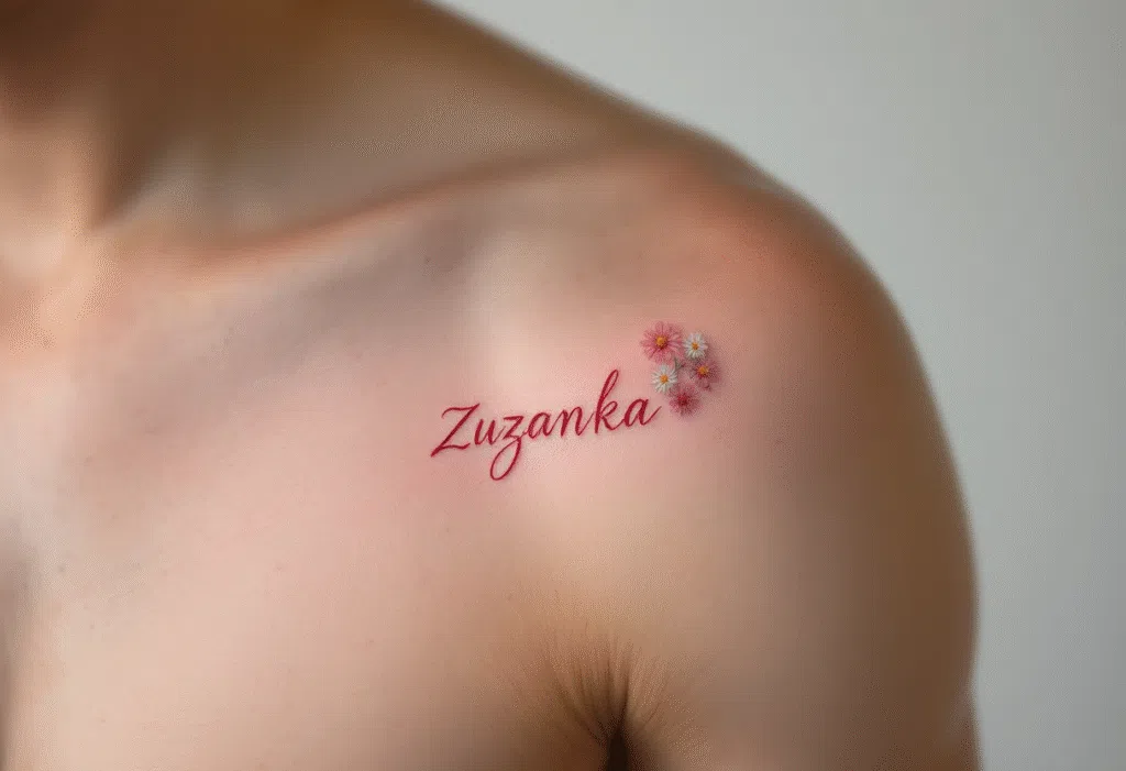Tetování jména dětí, nápis Zuzanka s květinami na rameni