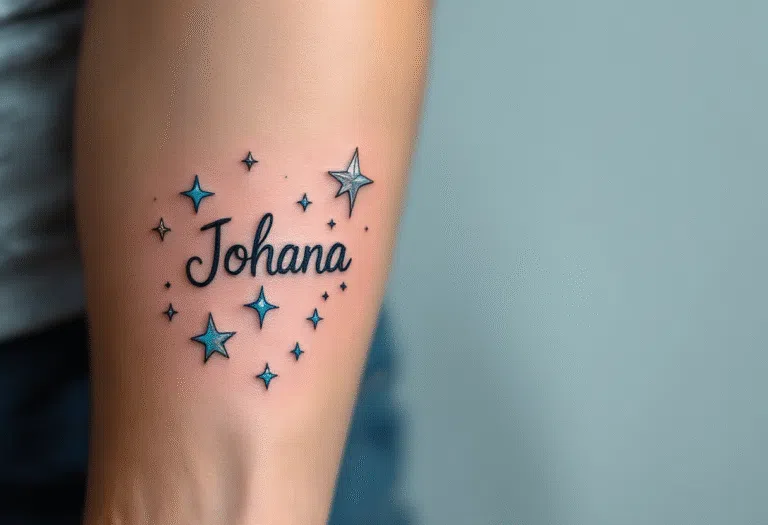 Tetování jména dětí, nápis Johana s hvězdičkami na předloktí