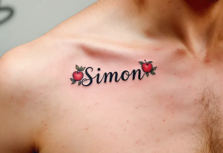 Tetování jména dětí, nápis Simon a jablíčka pod klíční kostí