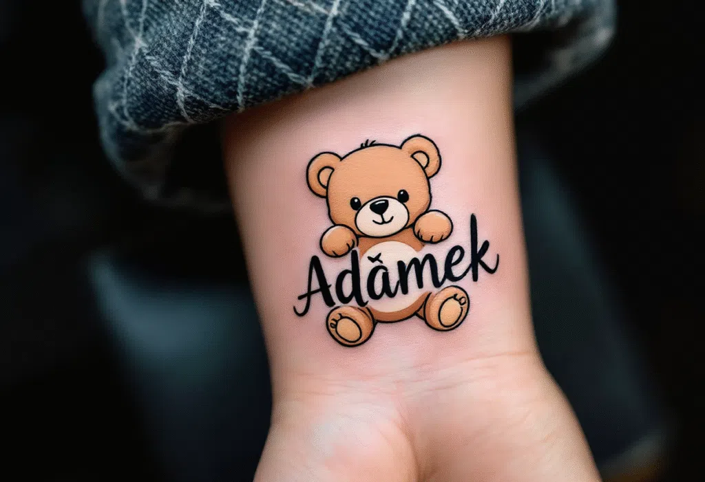 Tetování jména dětí a předmět, nápis Adámek a plyšák na zápěstí