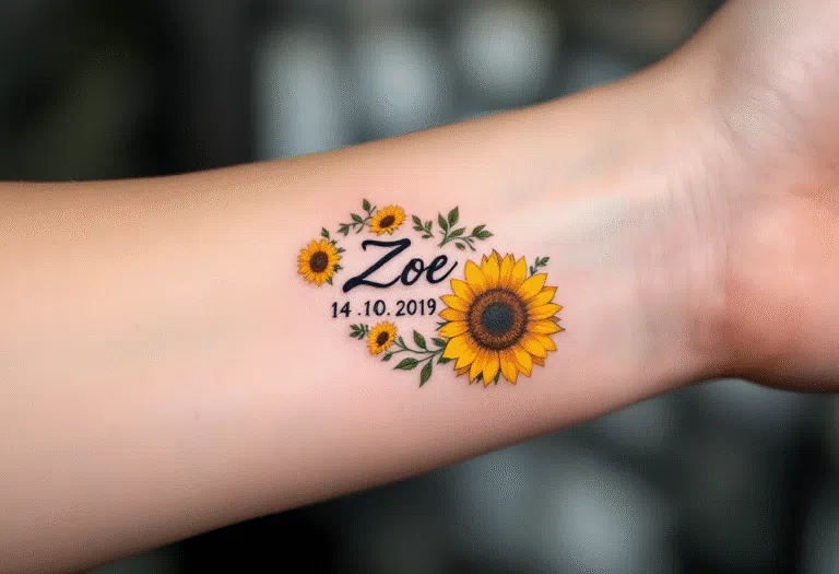 Tetování datum narození dítěte, jméno Zoe se slunečnicí na předloktí