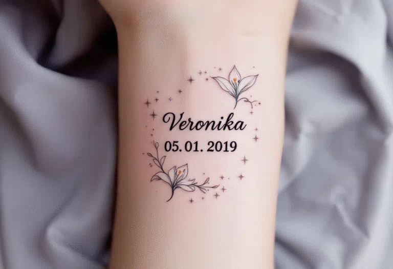 Tetování datum a jméno narození dítěte, nápis na předloktí