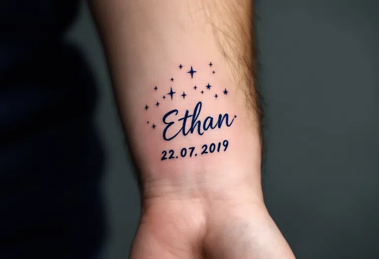 Tetování datum narození dětí, nápis, jméno na předloktí