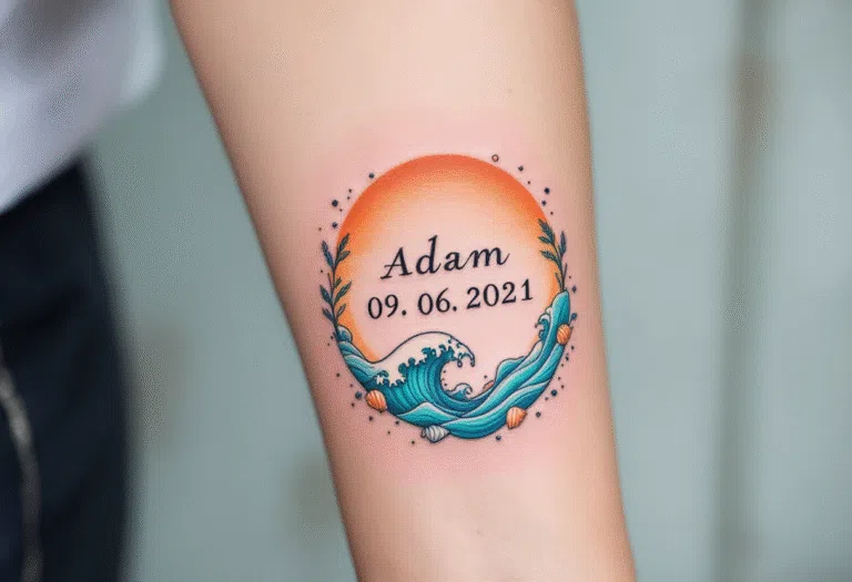 Tetování datum narození dětí, nápis, jméno Adam na předloktí