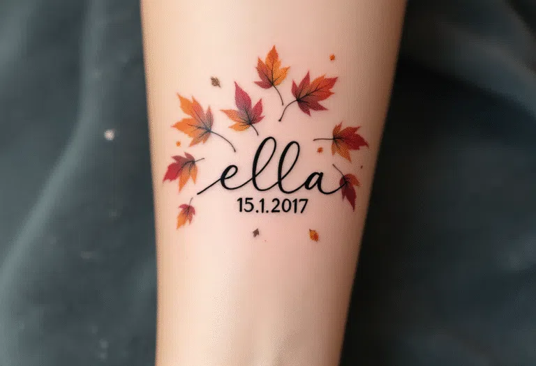 Tetování datum narození dítěte, nápis, jméno Ella na předloktí