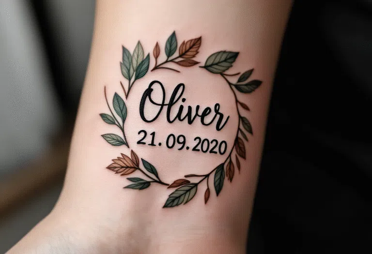 Tetování datum narození dítěte, nápisy, jméno Oliver na předloktí