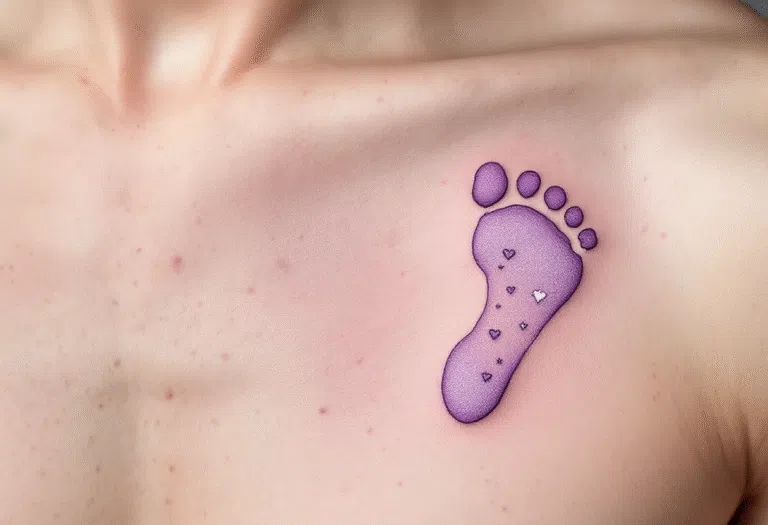 Tetování dětská nožička pod klíční kostí