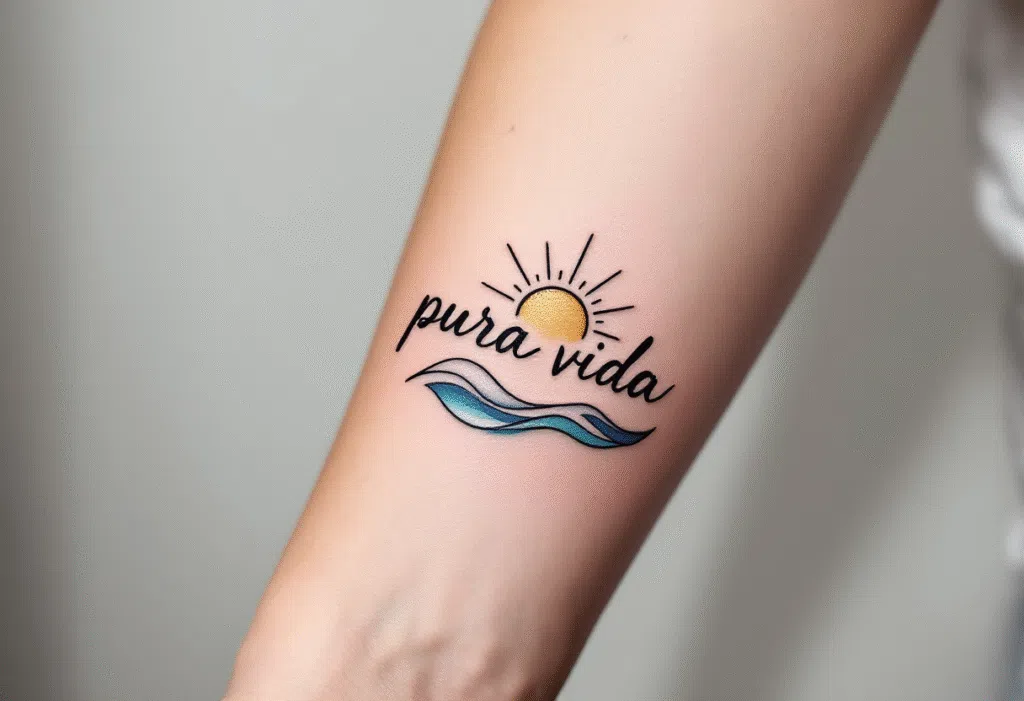 Tetování nápis pura vida, moře na předloktí