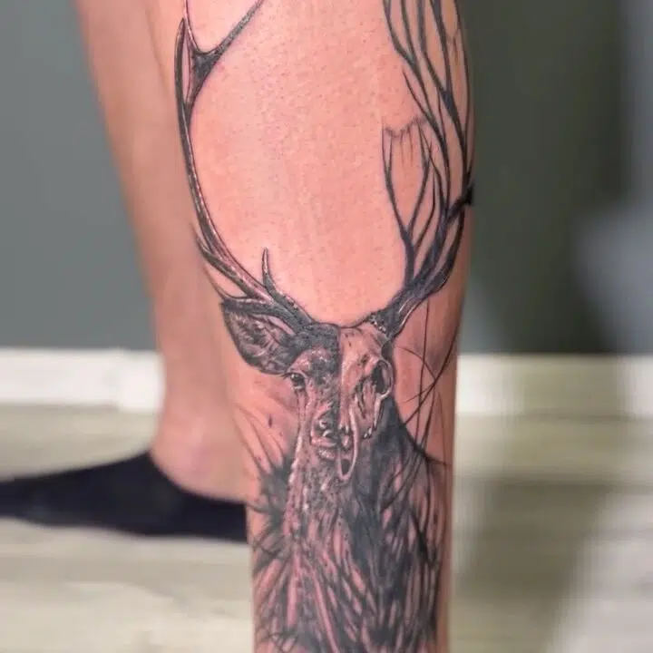 Tetování zvíře, jelen s lebkou na holeni