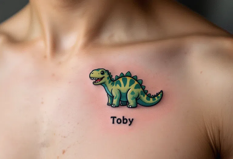 Tetování dinosaurus, syn, nápis se jménem pod klíční kost