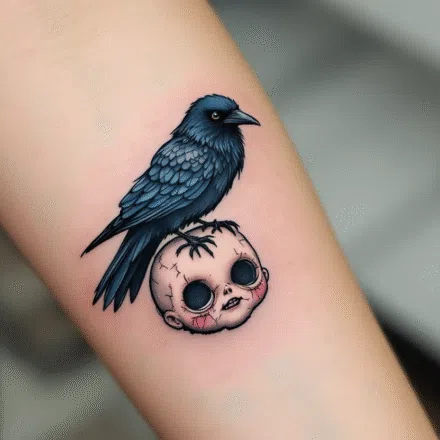 Tetování Tim Burton, vrána s hlavou na předloktí