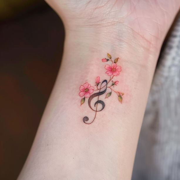 Malý houslový klíč s květinami.