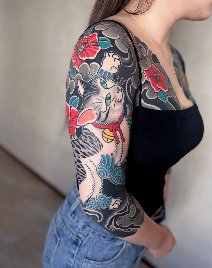Kočka ve stylu irezumi na ruce.