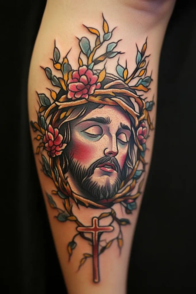 Tetování old school Ježíše s trnovou korunou.